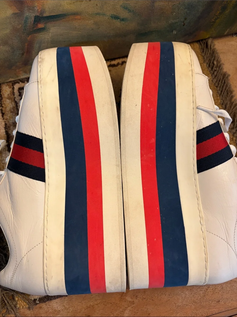 Gucci DAMAGED White Platform Sneakers with Red and Blue Stripe Accents - SZ 38